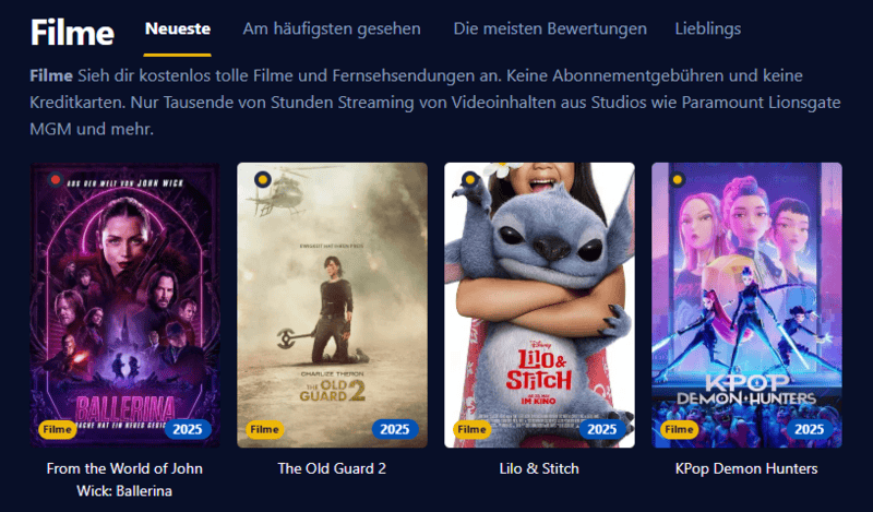 Screenshot der Benutzeroberfläche von Einschalten die eine moderne Streaming-Plattform mit Filmen und Serien präsentiert